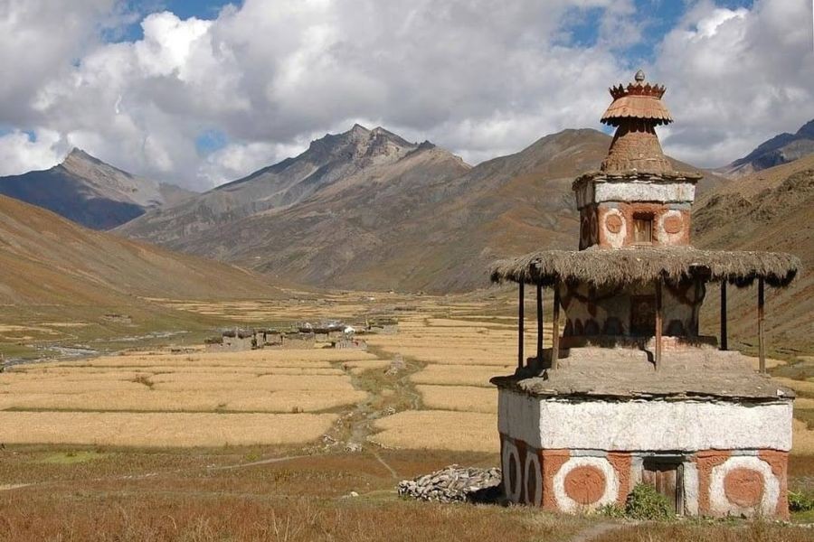 Traditional chorten (Buddhist monument) overlooking golden harvest fields